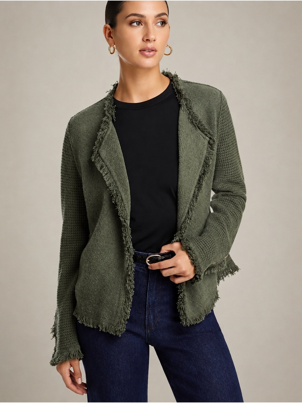 NIC+ZOE Green Fringe Cardigan Jacket M Open Front Tweed Knit Blazer Boho